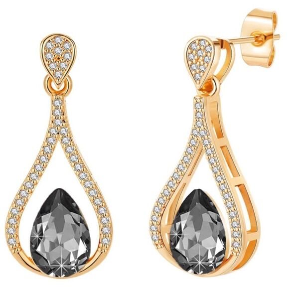 14K Yellow Gold with Charcoal Gray Austrian Crystal Halo Teardrop Post Earrings - Picture 1 of 5